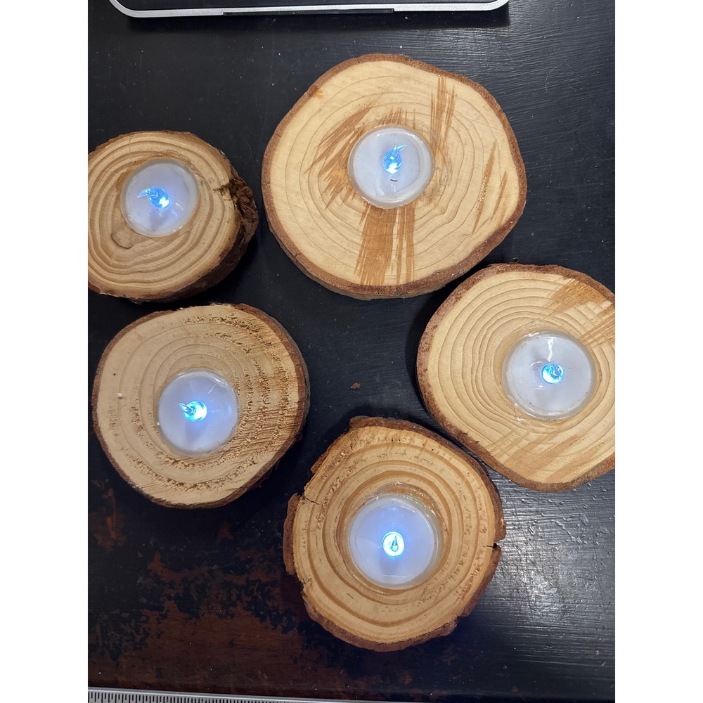 Rustic Wood Slice LED Tealight Holders Set of 5 Natural Log Candle Holders